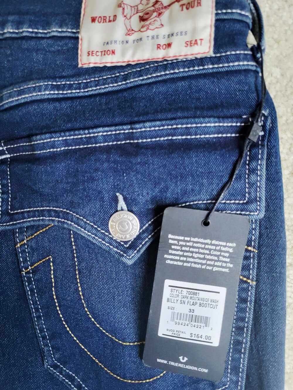 True Religion Billy Relaxed Bootcut Jeans Mens 33x33.5 Flap Pocket Dark Wash NWT